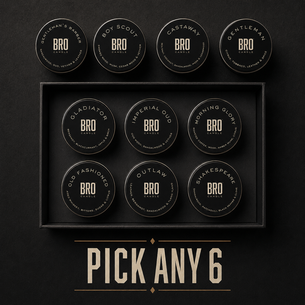 All ten Bro Candle scents, pick any six for your Discovery Set