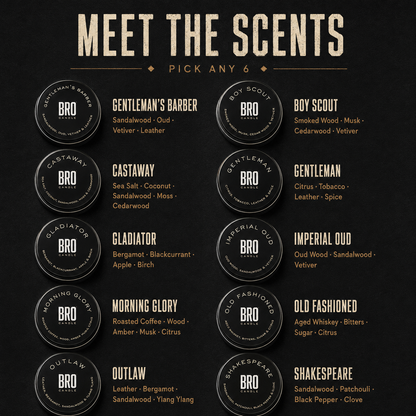 Meet the scents: all ten Bro Candle mini tins and their notes