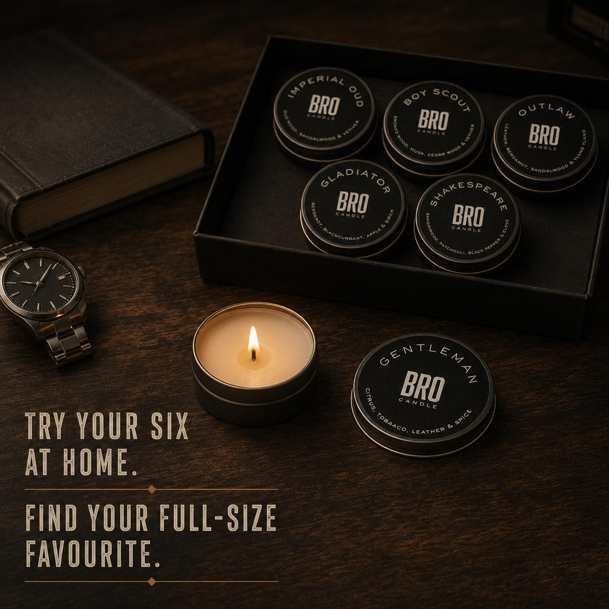 A Bro Candle mini tin burning at home beside the Discovery Set