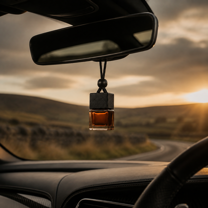 Bro Candle car diffuser hanging in a car