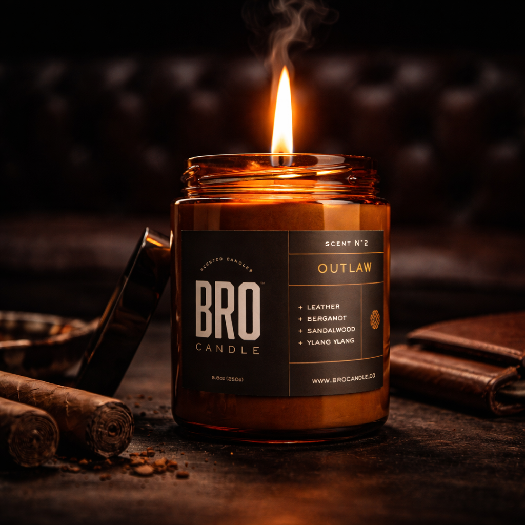 The Outlaw mens candle by Bro Candle, hand-poured soy wax